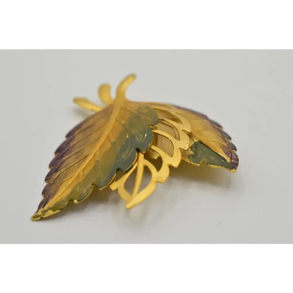 Vintage Autumn Leaf Pin Brooch Sheet Metal Painted Leaves Brushed Gold 1980s 9B